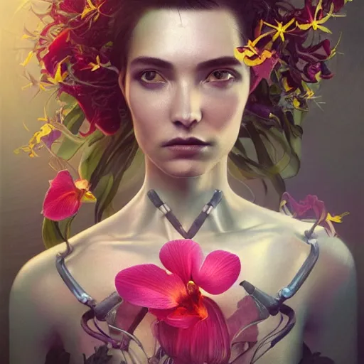 Image similar to a beautiful fine art portrait photo of a resting futuristic cyborg, wavy hair spread out, surrounded by hibiscus, daffodils, moth orchids, montsera leaves by tom bagshaw and zach sutton, soft lighting, very detailed, bionic, robotic, deep depth of field, artstation, 4K