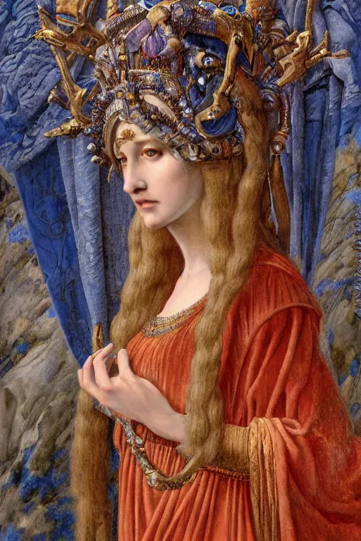 Image similar to coronation portrait of the last queen of the dawn mountains, by Donato Giancola and Annie Swynnerton and John Bauer and John William Godward and Vermeer, embroidered velvet, iridescent beetles, rich color, ornate headdress, flowing robes, lost runes, ancient civilizations, dramatic cinematic lighting, featured on Artstation, cgisociety, unreal engine, extremely detailed