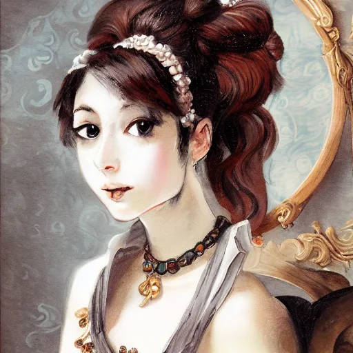 Image similar to portrait, rococo, manga, tonal, pretty young lady, thin, dark hair painting chaos