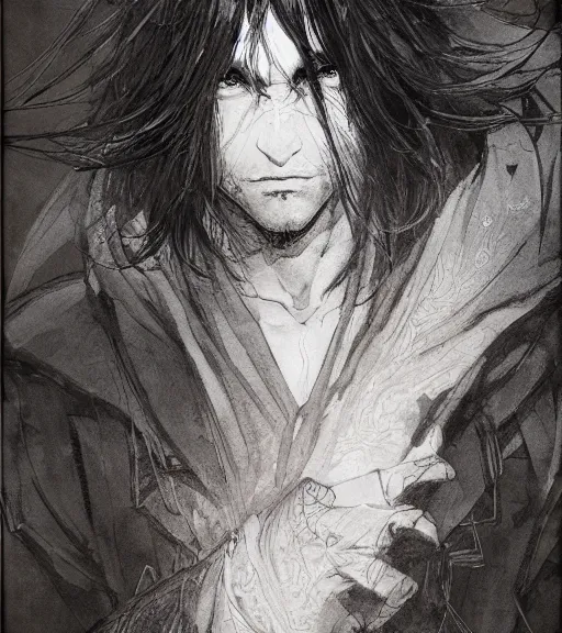 Image similar to portrait of anime man with long hair wearing a dark robe, pen and ink, intricate line drawings, by craig mullins, ruan jia, kentaro miura, greg rutkowski, loundraw