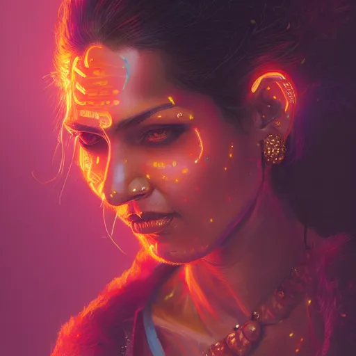 Prompt: portrait of a indian woman with a scaly skin and biotechnical parts and neon light by Artgerm and Greg Rutkowski , digital painting, highly detailed, trending on artstation