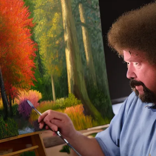 Image similar to a closeup photorealistic photograph of bob ross putting the finishing touches on a canvas painting of kenny powers. mountains and trees. film still. brightly lit scene. this 4 k hd image is trending on artstation, featured on behance, well - rendered, extra crisp, features intricate detail, epic composition and the style of unreal engine.