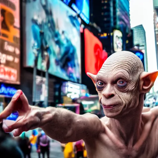 Prompt: Gollum taking a selfie at times square. 8k photo. Nikon.