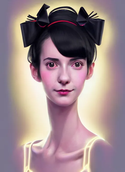 Image similar to portrait of high school girl, realistic, black hair, bangs, half updo hairstyle, pointy nose, skinny, smile, ugly, defined jawline, big chin, pink hair bow, earrings, intricate, elegant, glowing lights, highly detailed, digital painting, artstation, sharp focus, illustration, art by wlop, mars ravelo and greg rutkowski