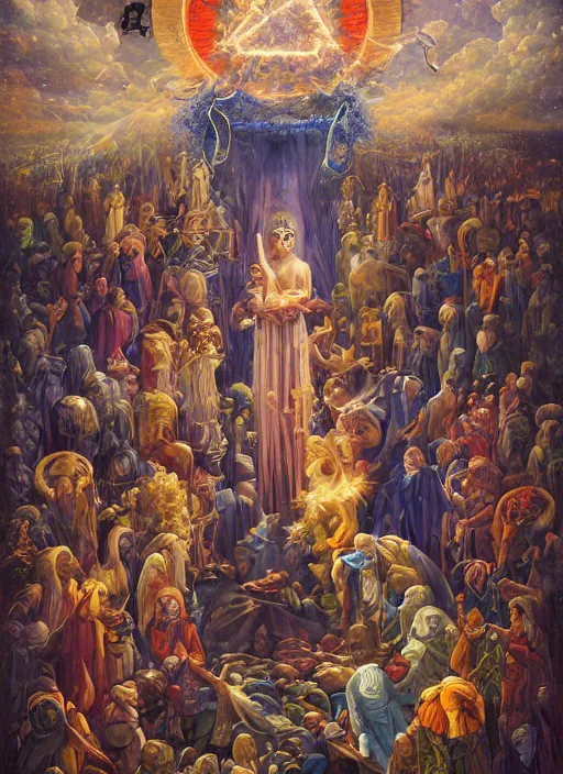 Prompt: transcendental adoration of the magi, occult rune symbolism epic surrealism 8k oil painting, portrait, perspective, high definition, post modernist layering, by Peter Kemp, Casey Weldon, Sean Yoro