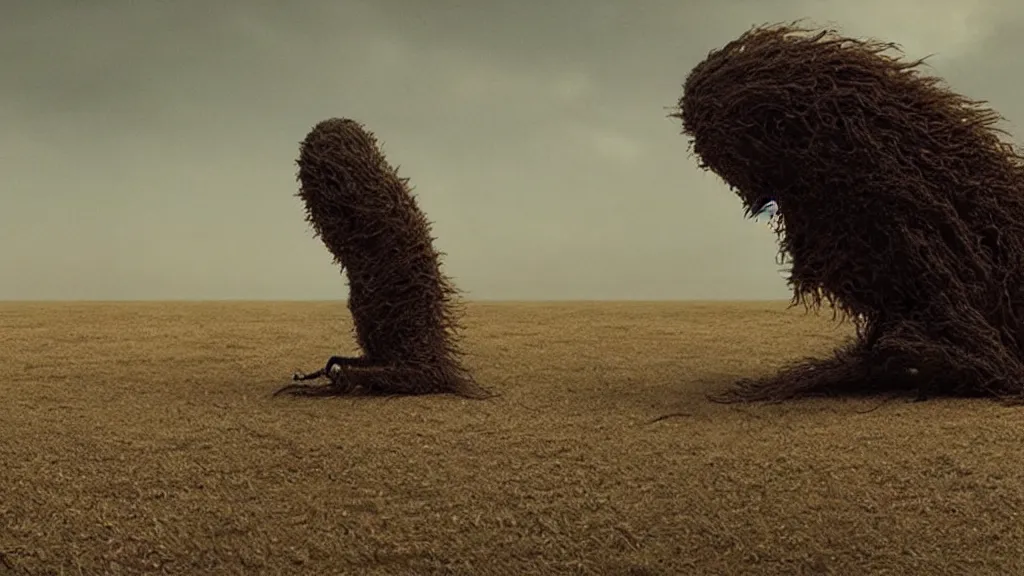 Prompt: the creature that knows where I live, made of oil, film still from the movie directed by Denis Villeneuve with art direction by Salvador Dalí, wide lens