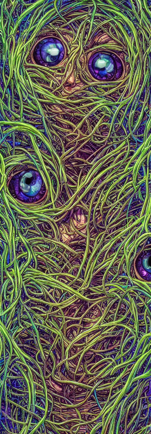 Image similar to many large beautiful eyeballs inside of extremely thick iridescent vines intertwined, central composition, high saturation, epic lighting, in the style of Peter gric and Amanda Sage 8k