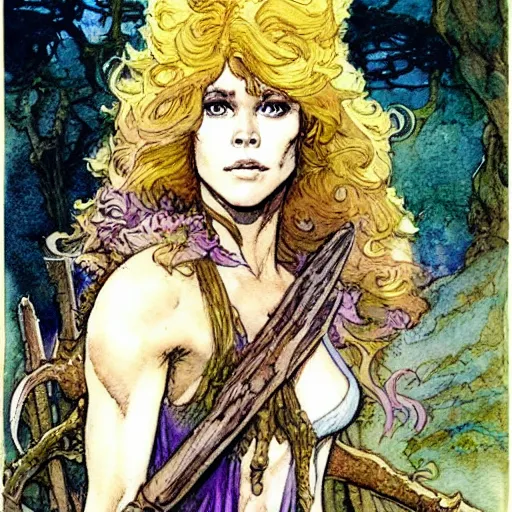 Image similar to a realistic and atmospheric watercolour fantasy character concept art upper body image of a young jane fonda in her 2 0 s posing as a druidic warrior wizard looking at the camera with an intelligent gaze by rebecca guay, michael kaluta, charles vess and jean moebius giraud