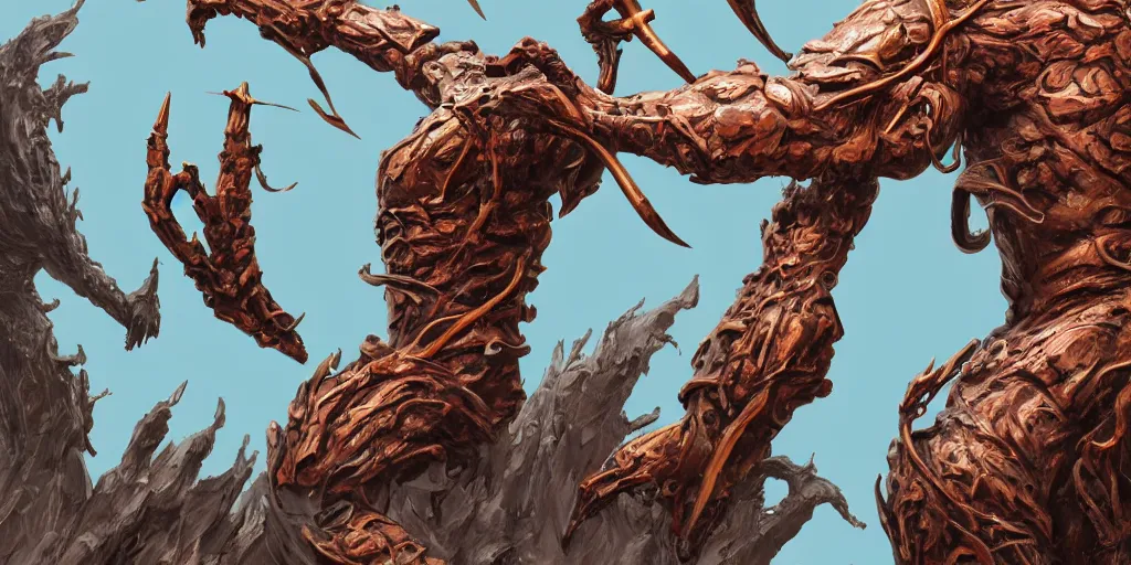 Prompt: Rusty Bronze four armed statue like colossus, character design sheet, Monster Hunter Illustrations art book, giant, trees growing on its body, enormous hands, long limbs, horns on its head, bright pale blue eyes, Moebius, Greg Rutkowski, Zabrocki, Karlkka, Jayison Devadas, Phuoc Quan, trending on Artstation, 8K, ultra wide angle, zenith view, pincushion lens effect.