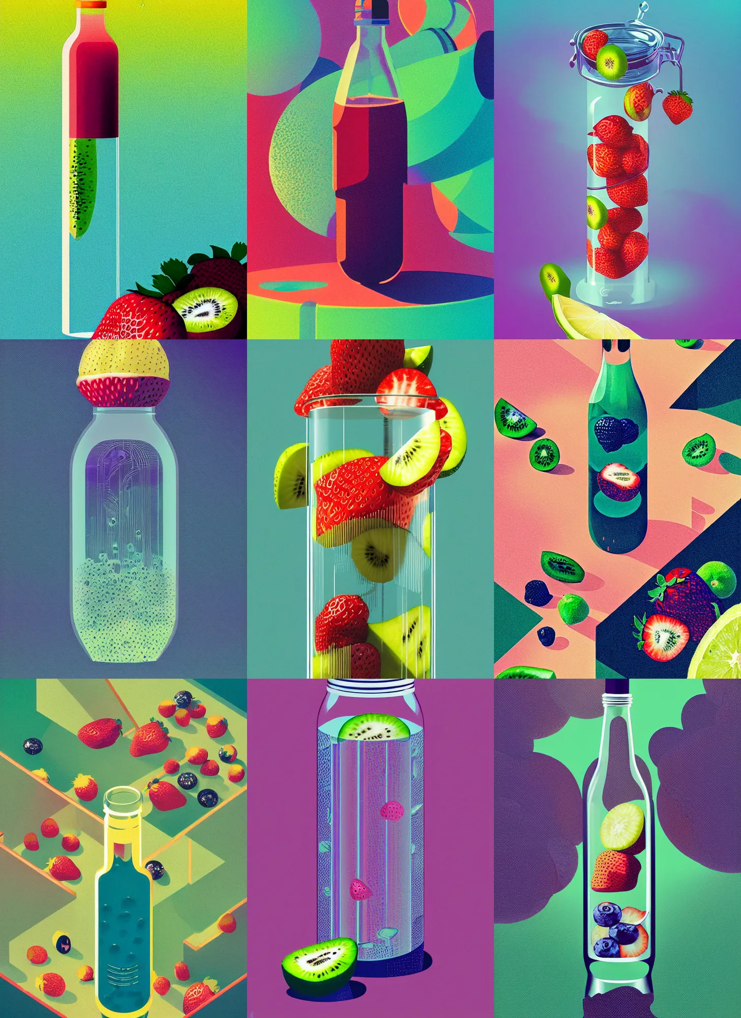 Prompt: ( ( dither ) ), editorial illustration strawberries blueberries sliced kiwi sliced lemon inside a clear drinking bottle, isometric, modern art deco, ( ( mads berg ) ), christopher balaskas, victo ngai, rich grainy texture, detailed, dynamic composition, wide angle, matte print, art nouveau, unreal engine