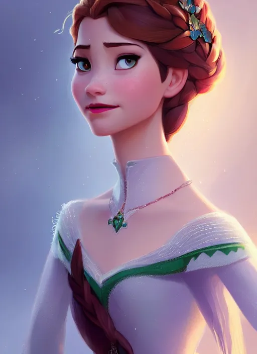 Prompt: anna from frozen, d & d, fantasy, intricate, elegant, highly detailed, digital painting, artstation, concept art, matte, sharp focus, illustration, hearthstone, art by artgerm and greg rutkowski and alphonse mucha