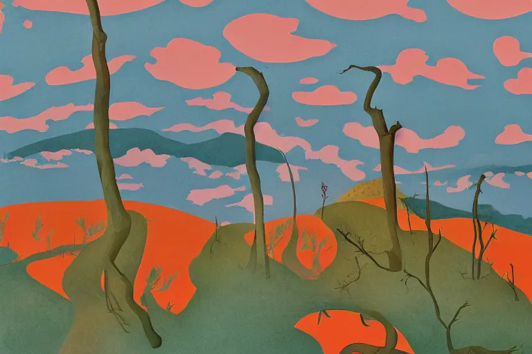 Image similar to train far, blooming hills with spring flowers, trees make from bones, red liquid splashes, monsters, and pillars by helen lundeberg