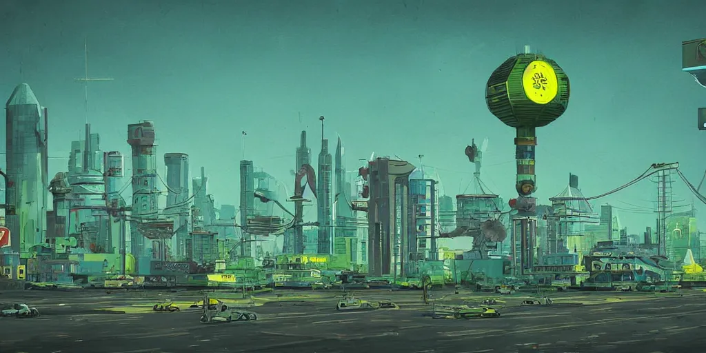 Image similar to retrofuturistic robot in panel post soviet city landscape in style of Simon Stalenhag, green colour scheme