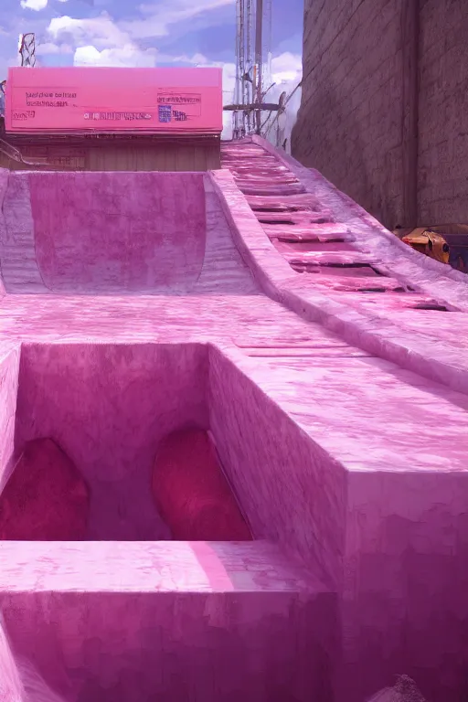 Image similar to conveyor belt transporting pink diapers into a giant pit, fantasy, magic, 4 k, ultra realistic, photorealism, detailed