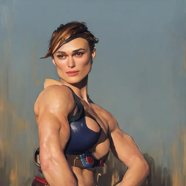 Image similar to greg manchess portrait painting of confident keira knightley as beautiful thick female bodybuilder zarya from overwatch, medium shot, asymmetrical, profile picture, organic painting, sunny day, matte painting, bold shapes, hard edges, street art, trending on artstation, by huang guangjian and gil elvgren and sachin teng