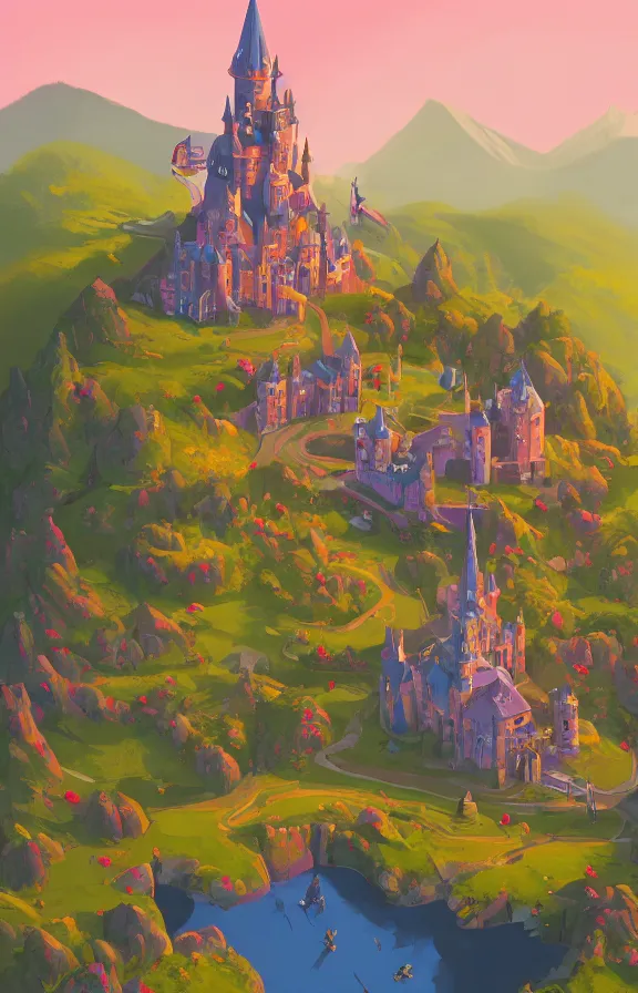 Prompt: magical castle school on a hill, sharp focus, highly detailed, james gilleard, bright colors, close up, print, game art