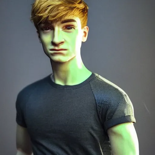 Image similar to “a realistic detailed photo of a guy who is an attractive humanoid who is half robot and half humanoid, who is a male android, twitch streamer Ninja Tyler Blevins, shiny skin, posing like a statue, blank stare”