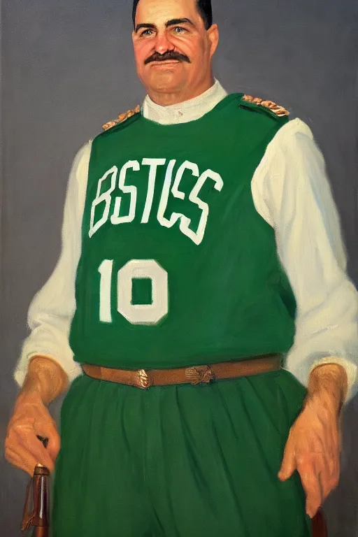 Image similar to full body portrait of the dictator of the boston celtics, 1 9 5 5, in full military garb, oil on canvas by william sidney mount, trending on artstation