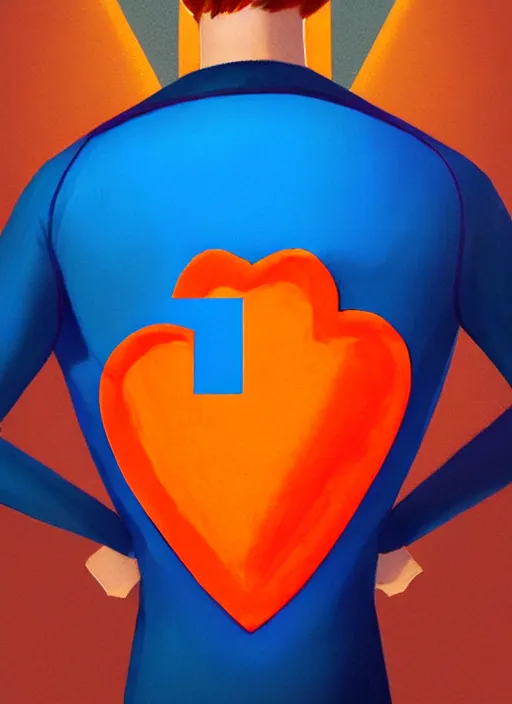 Image similar to friendly teenage archie andrews wearing an orange superhero costume with heart logo, heart, freckles, blue cape, heart emblem on chest, blue cape, intricate, elegant, glowing lights, highly detailed, digital painting, artstation, sharp focus, illustration, art by wlop, mars ravelo and greg rutkowski