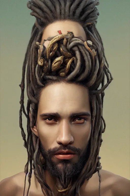 Prompt: portrait of a king with long wild dreads, straight on portrait, by artgerm, james jean, tom bagshaw, gerald brom, 4 k, smooth, hd, substance designer render, full body character concept art, vaporwave,
