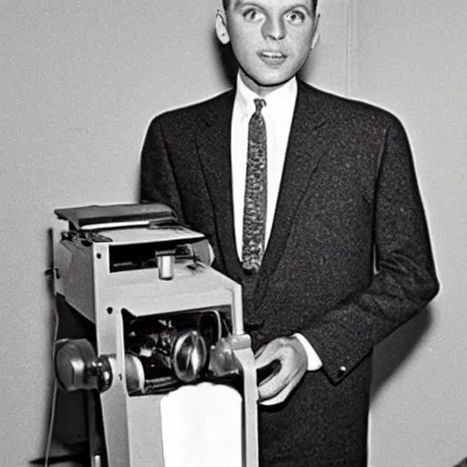 Prompt: old style reel projector with a body in a suit, 1964 photograph, colorized