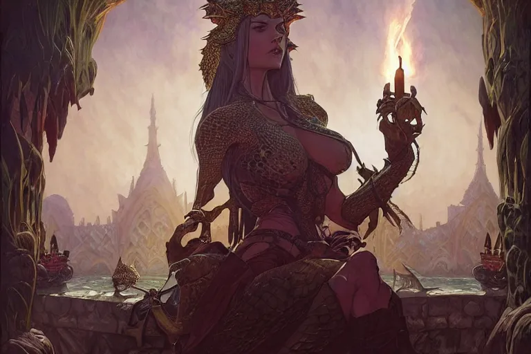 Prompt: crocodile lair priestess ceremony, deep focus, d & d, fantasy, intricate, elegant, highly detailed, digital painting, artstation, concept art, matte, sharp focus, illustration, hearthstone, art by artgerm and greg rutkowski and alphonse mucha