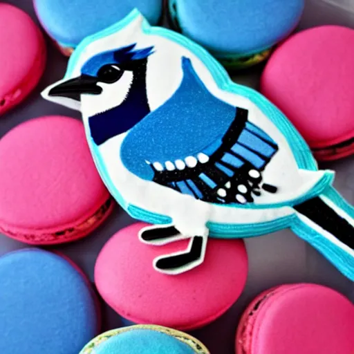 Image similar to A blue jay standing on a large basket of rainbow macarons.