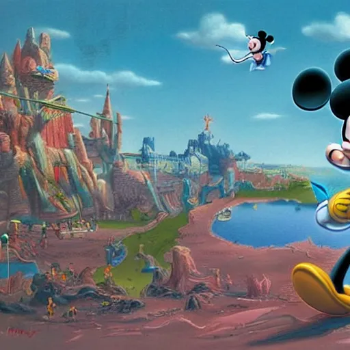 Image similar to Mickey Mouse goes on a rampage at Disney World, surrealist landscape concept art