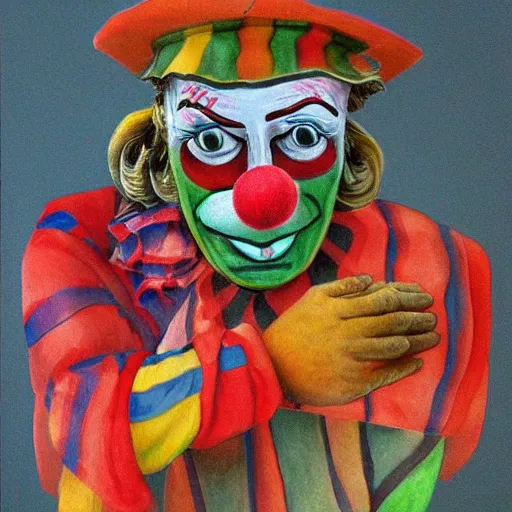 Image similar to A clown, in the style of Antonio Berni, highly detailed