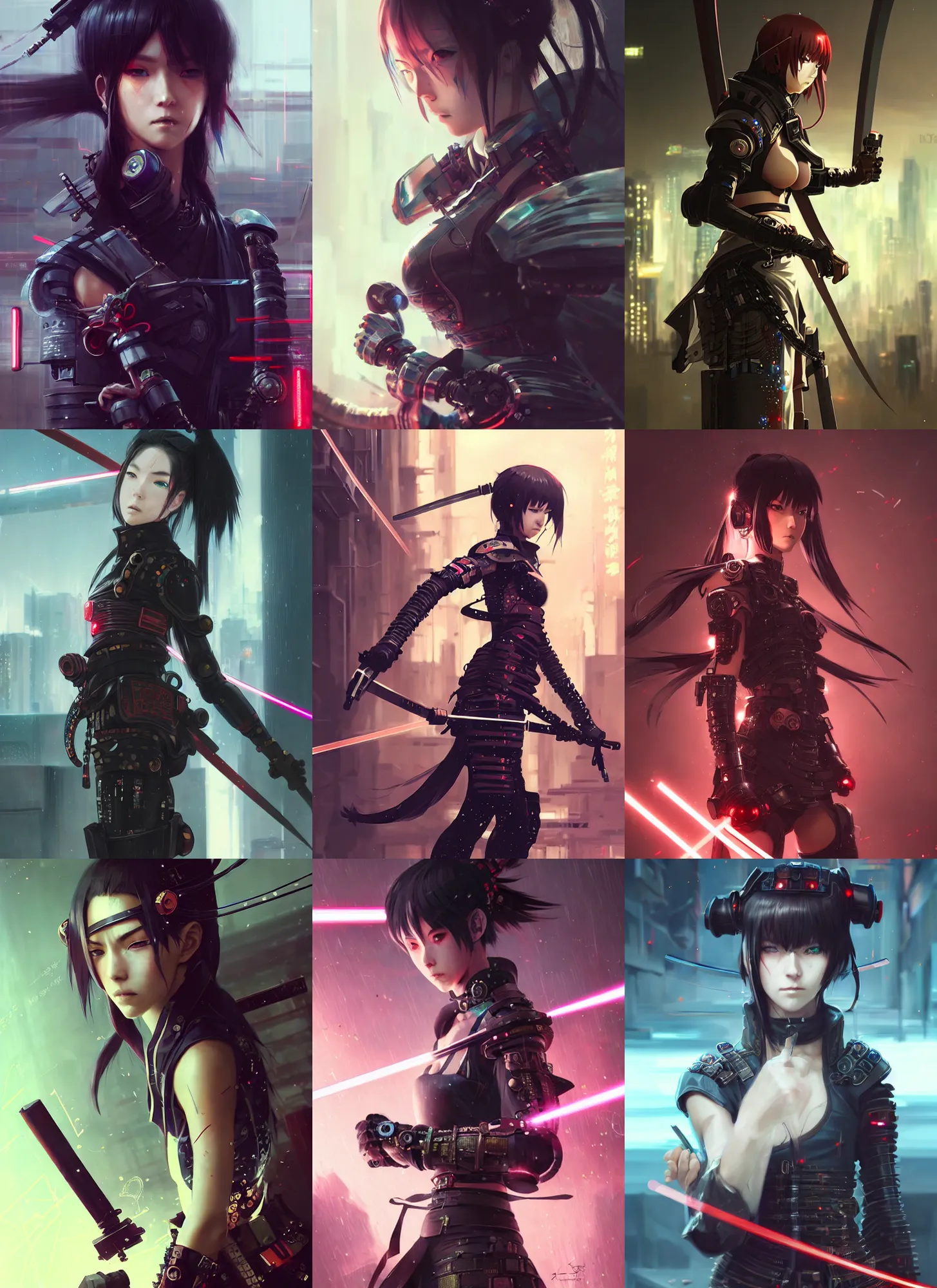 Prompt: very cool cyberpunk samurai girl, battle pose, laser swords, beautiful, detailed portrait, intricate complexity, concept art by krenz cushart, kyoto animation, wlop. 4 k, beautiful, cinematic dramatic atmosphere, sharp focus