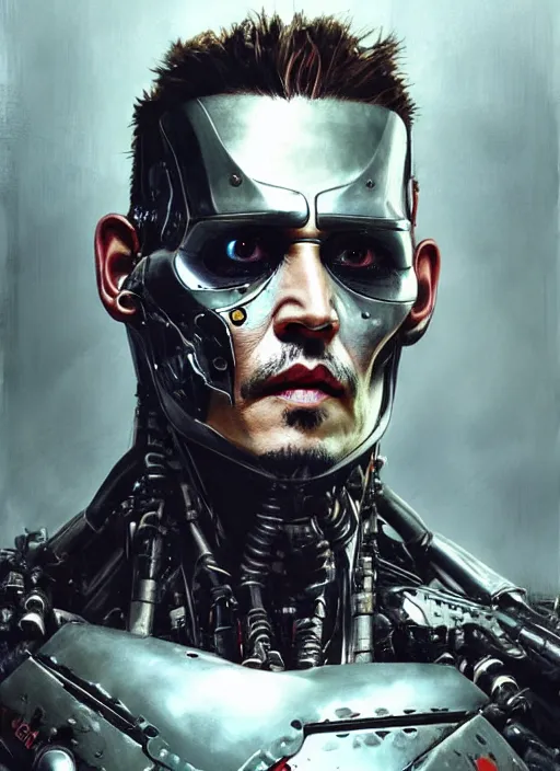 Image similar to johnny depp as victor stone, full body concept, cyborg, borg, strogg, face of a man, terminator, flesh, quake strogg, doom demon, wolfenstein, monstrous, powerful, symmetry, symmetrical, concept art by ruan jia and greg rutkowski