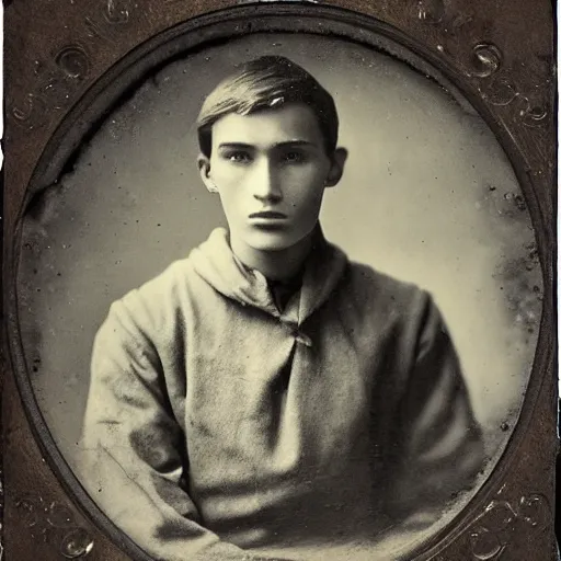 Image similar to tintype photo of alyosha karamazov, handsome innocent young russian man, by julia margaret cameron 1 8 8 0 s, realistic, body shot, sharp focus, 8 k high definition, insanely detailed, intricate, elegant