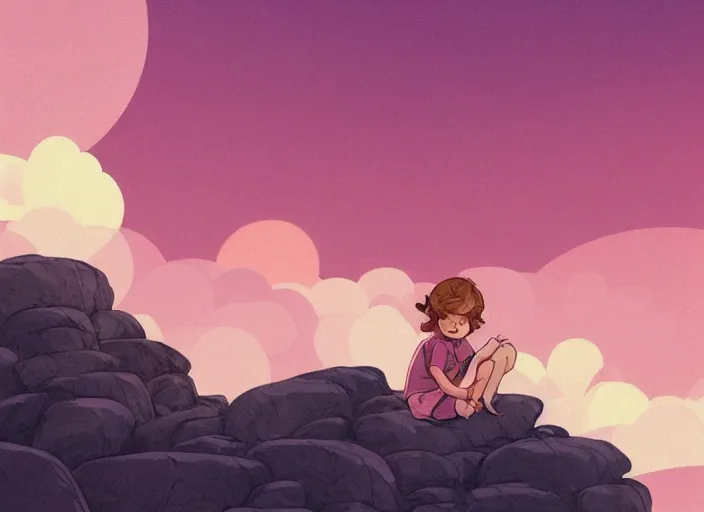 Image similar to a little girl with short wavy curly light brown hair sitting on a rock. background is a pink and blue sunrise sky. clean cel shaded vector art. shutterstock. behance hd by lois van baarle, artgerm, helen huang, by makoto shinkai and ilya kuvshinov, rossdraws, illustration, art by ilya kuvshinov