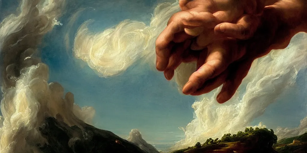 Prompt: a painting of a hand descending from the clouds demanding payment god knows what, in the style of an epic Thomas Cole painting