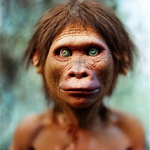 Prompt: “ full body photo of a very primitive pre-human woman Neanderthal looking deeply to the camera, blue eyes, anthropology photography, color kodakcrhome 64,National Geographic ”