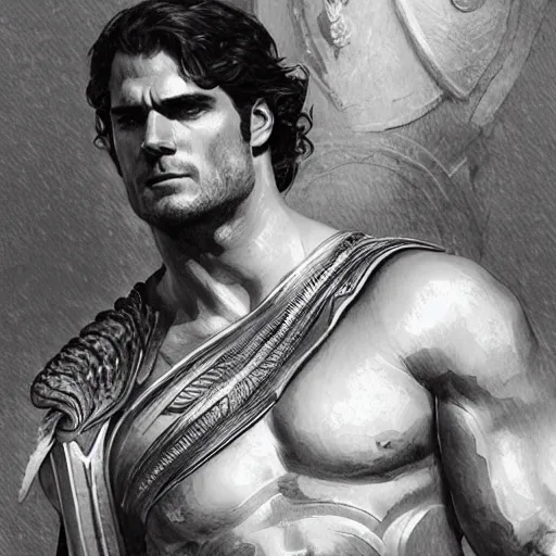 Image similar to henry cavill as a greek gladiator, gorgeous, amazing, muscular, intricate, highly detailed, digital painting, artstation, concept art, sharp focus, illustration, art by greg rutkowski and alphonse mucha