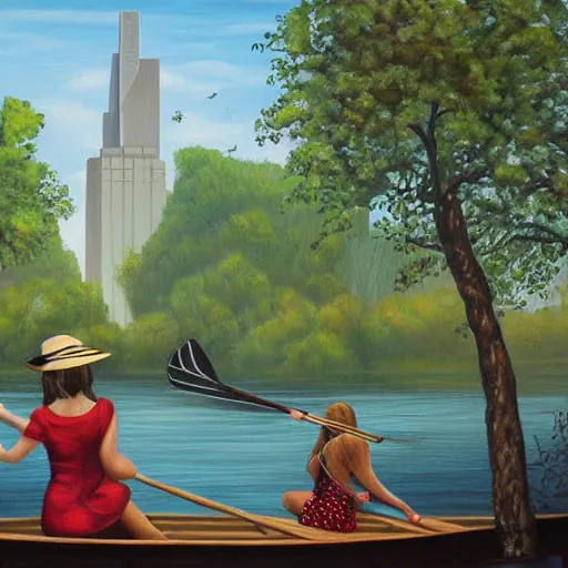 Image similar to surreal painting of a woman and a monster sitting together rowing a boat in central park