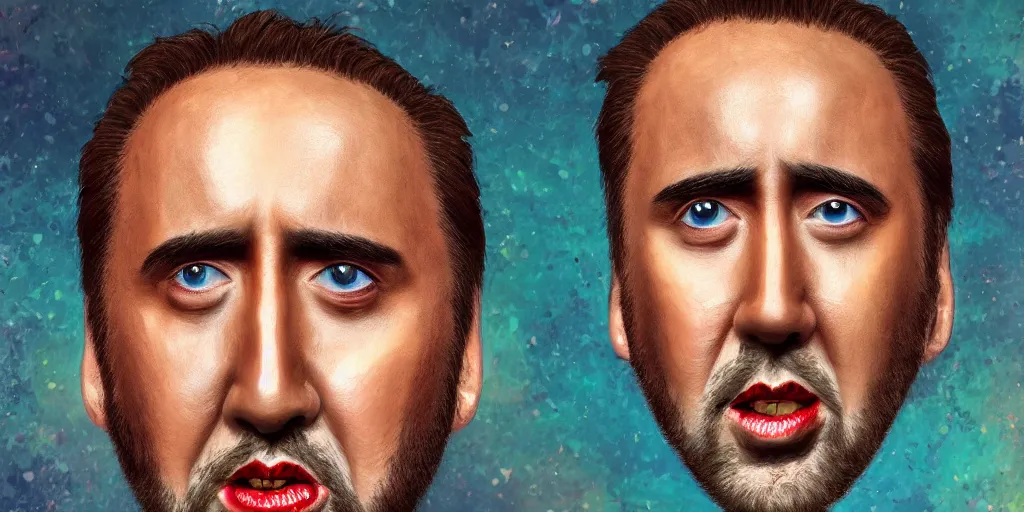 Image similar to A giant face of Nicolas Cage melting in a moutain, inspired by Everett Raymond Kinstler, artstation, 8k, photorealism