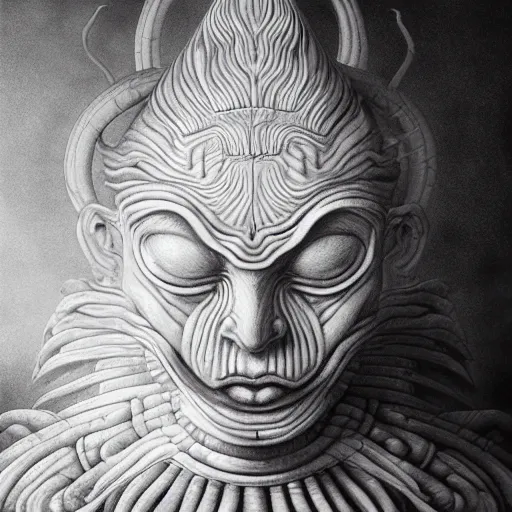 Image similar to naraka buddhist demon korean female, volumetric lights post apocaliptic background, female alien, tubular creature, blood vessels, no face, dystopian surrealism, alex ries zdzisław beksinski, symmetrical long head, smooth marble surfaces, smooth marble surfaces, detailed ink illustration, detailed ink illustration, raiden metal gear, cinematic smooth stone, deep aesthetic