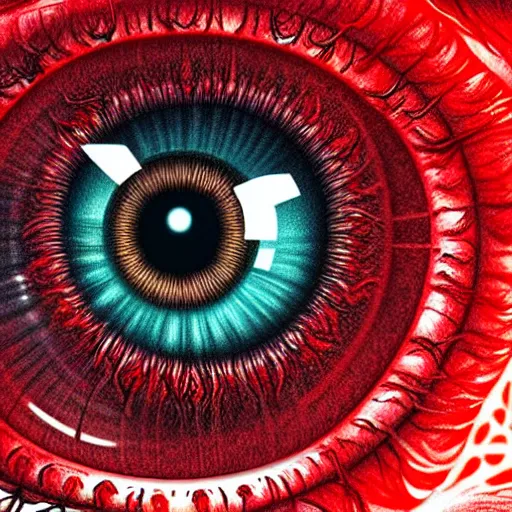 Image similar to a detailed extremely close up of inside the iris, cornea, red image, microscopic, extremely close up drawing by junji ito, cgsociety, generative art, lovecraftian, parallax, cosmic horror, extremely detailed, hyperrealism, unreal engine, octane render, award winning, masterpiece, highly detailed, realistic, 4 k, digital