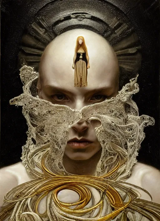 Image similar to highly detailed oil painting | very intricate | cinematic lighting | black, white and gold color scheme, dark background | the hermit looking into the abyss by alexander mcqueen | by roberto ferri, by tom bagshaw, by singer sargent and klimt, american romanticism, occult art | by austin osman spare, artstation, cgsociety, official art, octane