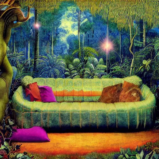 Image similar to psychedelic couch sofa in the lush forest, milky way, designed by arnold bocklin, jules bastien - lepage, tarsila do amaral, wayne barlowe and gustave baumann, cheval michael, trending on artstation, mediterranean, star, sharp focus, colorful refracted sparkles and lines, soft light, 8 k 4 k