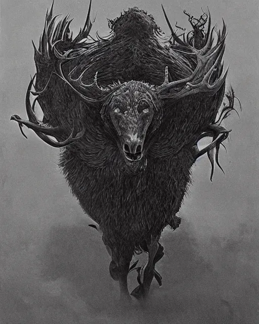 Image similar to a creature with the body and eyes of a man, with the beak of an eagle, the mane of a lion, and the antlers of a bull. drawn by moebius and zdzislaw beksinski