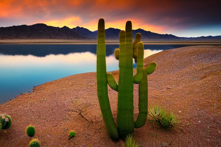 Image similar to beautiful landscape photography of an Arizona desert, lake, 1 cactus, nighttime