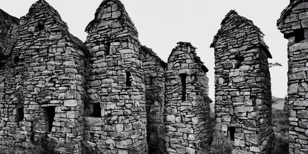 Image similar to long and tall organic stone houses, stone village, jungle, black and white photography, year 1 9 0 0, artstation, digital art