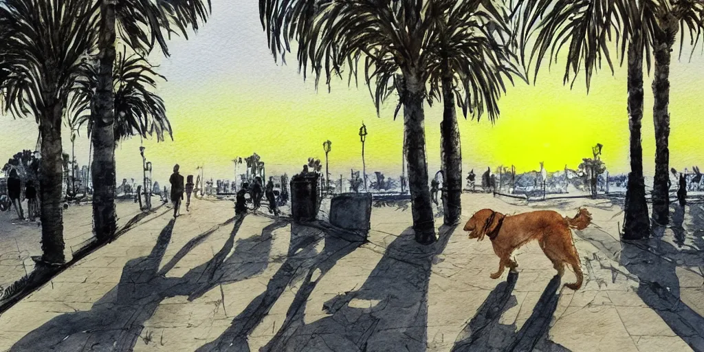 Prompt: golden retriever dog walking in tel aviv street looking at the camera. palm trees. sunset. high quality. digital art. watercolor. highly detailed. drawing. art. colorful. fluffy