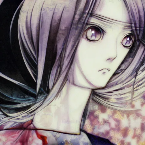 Image similar to yoshitaka amano blurred and dreamy realistic illustration of an anime girl with black eyes, wavy white hair fluttering in the wind wearing dress suit with tie, junji ito abstract patterns in the background, satoshi kon anime, noisy film grain effect, highly detailed, renaissance oil painting, weird portrait angle, blurred lost edges, three quarter view