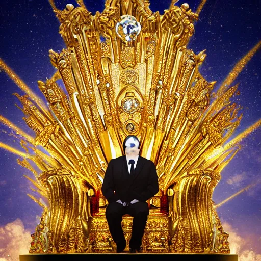 Image similar to shining majestic throne made of millions of diamonds, gold and zaphires with thousands of light reflections, and a stupid clown is sitting on the throne while handind a globe, 4 k