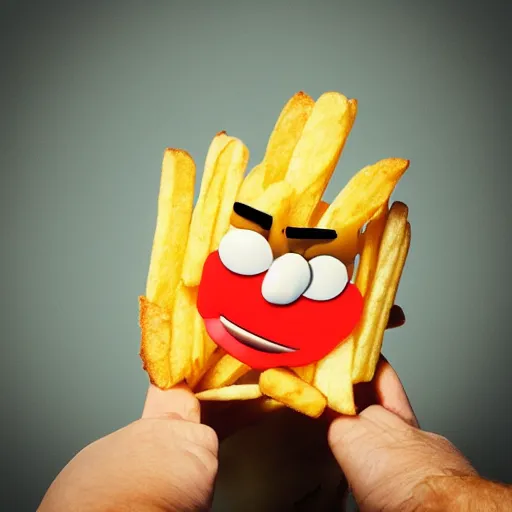 Prompt: photo of [ a single salted french fry chip ] shaped like that looks like ( stephen fry ) [ as a pixar character ] [ hybrid ] intercross mix cinematic lighting