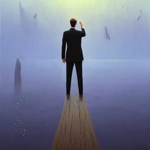 Image similar to a beautiful painting of a man in a suit stands on the redsea by greg rutkowski and zdzisław beksinski and rene magritte, in style of digital art. hyper detailed, sharp focus, soft light. unreal engine 5. ray tracing. trending on artstation